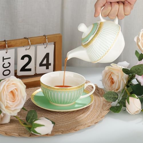 fanquare Tea for One with Gold Trim, Green Teapot Set for Adults, Ceramic Coffee Cup with Saucer, Classic Stripes - Image 2