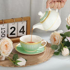 fanquare Tea for One with Gold Trim, Green Teapot Set for Adults, Ceramic Coffee Cup with Saucer, Classic Stripes - Image 2