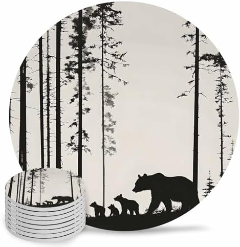 Coasters for Drinks Set of 8 Abstract Bear Family Forest Trees Natural Scenery Silhouette Ceramic Cup Mat, Absorbent Ceramic Stone Coasters with Cork Base for Coffee Cups Table Home Decor 4 Inch by Daleng