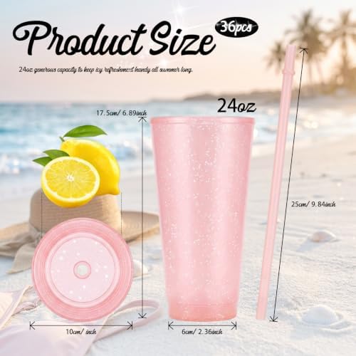 36 Pcs Pink Tumblers with Straw & Lid - 24oz Coffee Cups - Image 2