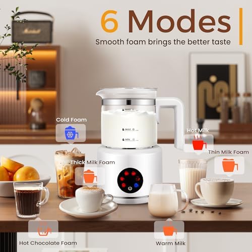Milk Frother and Steamer, 6 in 1 Milk Steamer and Milk Warmer, 17oz Auto Shut Off Electric Frother with Touch Screen, Hot/Cold Foam Maker for Coffee, Latte, Cappuccino, Hot Chocolate,White - Image 4