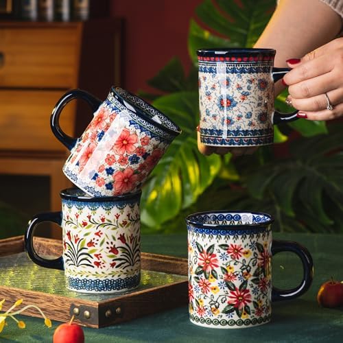 Ceramic Latte Mug Set of 4, 15.5oz Hand Painted Porcelain Coffee Cups With Handle for Tea/Milk/Cocoa - Modern Retro Design For Any Kitchen. Microwave and Dishwash Safe (Assorted Colors) - Image 3