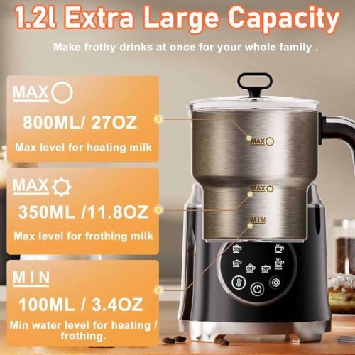 Electric Milk Frother, 1.2l Hot and Cold Milk Frother with Detachable Jug & Touch Screen, Stainless Steel, Variable Temp and Froth Thickness, Automatic Power-Off, for Lattes, Macchiato - Image 2