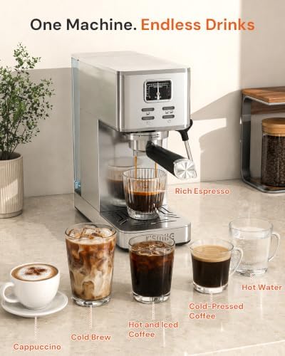 Kismile 20 Bar Espresso Machine with Milk Frother, Compact Semi-Automatic Espresso Maker, Stainless Steel, Pressure Gauge, 1.4L Water Tank, Hot Water Function for Cappuccino & Latte (Silver) - Image 6