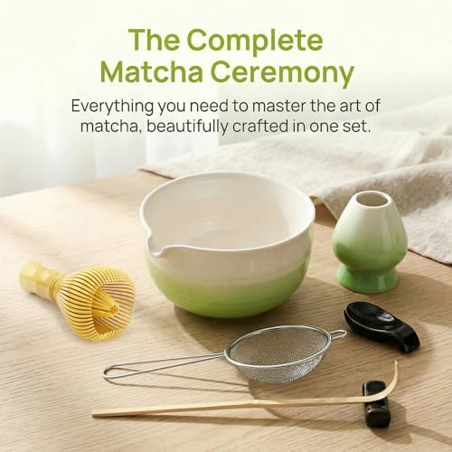 7Pcs Matcha Set, Matcha Whisk Set - Whisk Plastic Whisk, Whisk Holder, Matcha Bowl with Pouring Spout, Scoop, Sifter, Absorbent Cloth - Japanese Tea Ceremony Set for Home Use or Gift, Gradient Green - Image 6