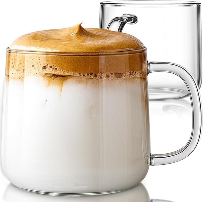 500ml Large Glass Coffee Mugs with Handle – Set of 2 | Clear Glass Cups for Latte, Cappuccino, Tea & Hot Beverages by PrimeWorld