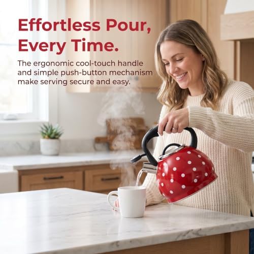 2026 Upgraded Whistling Tea Kettle Stovetop, 3.2qt 304 Stainless Steel Teapot with Polka Dot Design, Retro Cool Touch Teakettle for Gas Induction Electric Stove Red 3.2 Quarts - Image 4
