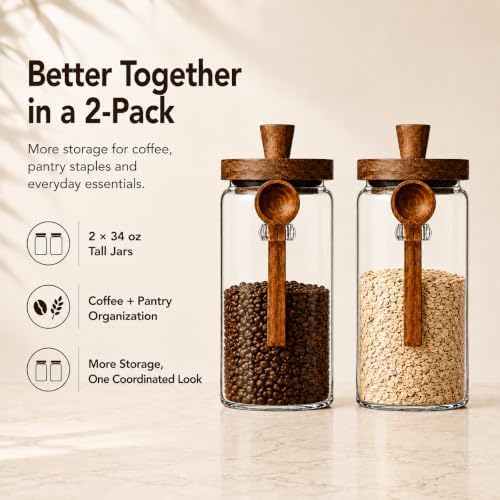 ANSQU 2 Pack Glass Jar with Spoon, 34oz Airtight Coffee Bean Container - Image 2