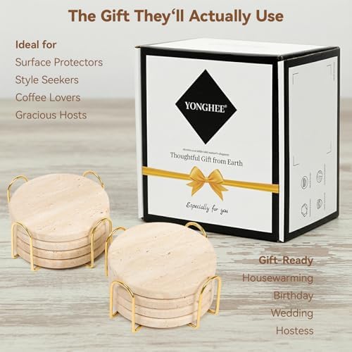 Travertine Marble Coaster Set of 8 with Holder, Neutral Beige Stone - Image 7