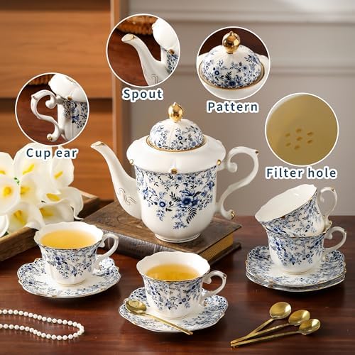 TATSUMI Country Roses Porcelain Tea Set, European Ceramic tea set for adults,Vintage Style, For Women and Tea Parties (BLUE, 13 Pieces Set) - Image 3