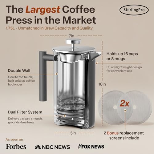 SterlingPro 1.75 L 59 oz Grey Extra Large French Press Coffee Maker and 2 Pack Replacement Screens Bundle Stainless Steel Double Wall Insulated for Tea and Coffee - Image 4
