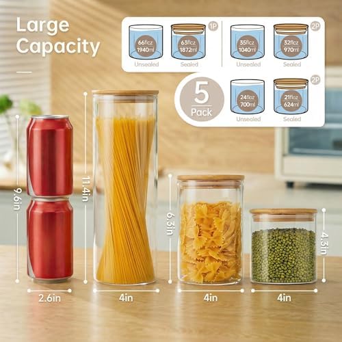 Round Glass Storage Containers with Bamboo Lids for Pasta & Flour, 5 Pack - Image 3