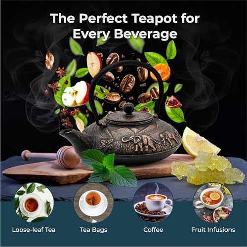 Zen Minded Traditional Japanese Cast Iron Tetsubin Stovetop Teakettle Teapot with Stainless-steel Mesh Loose-leaf Filter for Green Tea & Infusions 1.1L Elephant Pattern - Black & Gold - Image 5