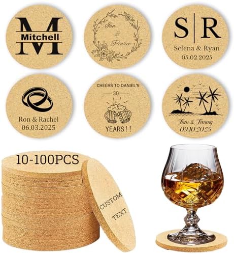10-100Pcs Custom Coasters Personalized Cork Coasters Bulk Engraved Text/Name/Logo Non-Slip Heat-Resistant Wedding Favors for Guests, Bridal Shower, Business Promotional Gifts (100) by Unknown