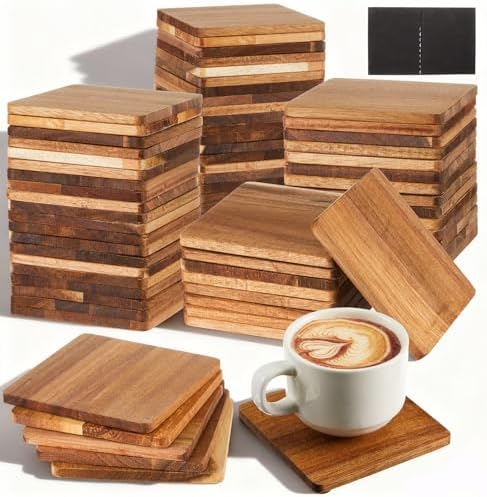 60 Pcs Unfinished Acacia Wood Coasters for Crafts, Square 4 Inch by Ferrochef