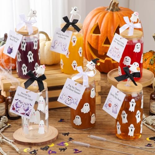 Vesici 6 Set Halloween Ghost Glass Cups 16 oz with Lid Straw and Stopper - Image 2