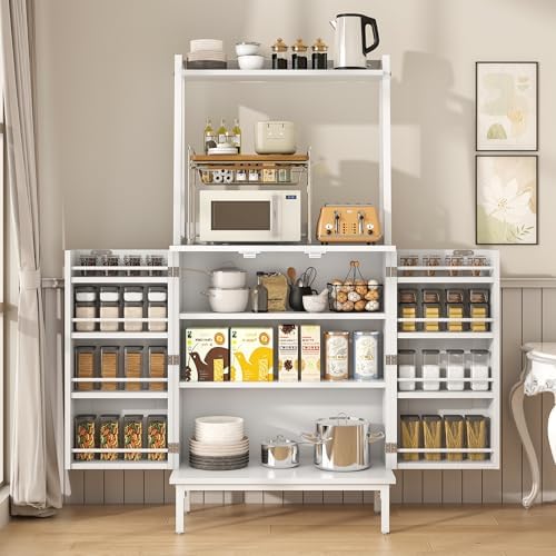 kepptory 51" Kitchen Baker's Rack with Storage, Microwave & Toaster Oven Stand, Freestanding Coffee Bar Station with Wine Glass Holder & Side Storage Shelves, White - Image 5