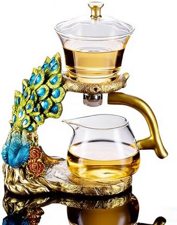 Glass Teapot Set with Infuser Semi Automatic Tea Set Lazy Kungfu Attraction Drip Rotating Magic Teapot Set (Peacock) by FIREKIRIN
