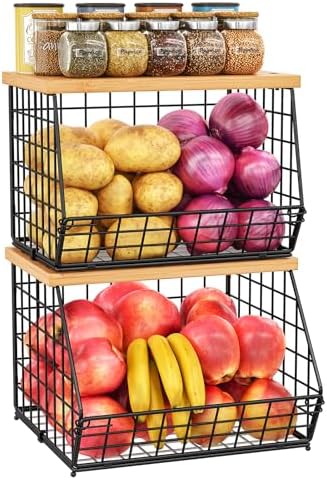 2 Set Stackable Wire Basket with Wooden Tops & Pad for kitchen organizers and storage, XXL Kitchen Counter Organizer for Fruit, Vegetable, Bread, Potato and Onion Storage Bin by Jautokerdar