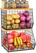 2 Set Stackable Wire Basket with Wooden Tops & Pad for kitchen organizers and storage, XXL Kitchen Counter Organizer for Fruit, Vegetable, Bread, Potato and Onion Storage Bin by Jautokerdar