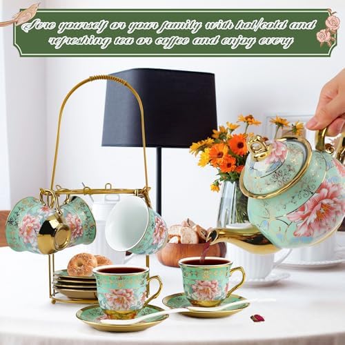 20 Pcs Porcelain Tea Set with Metal Holder and Spoon, European Ceramic Tea Set for Adults, European Flower Painting Teapot Cup Saucer Spoon Set for 6, Gift Pack - Image 4