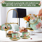 20 Pcs Porcelain Tea Set with Metal Holder and Spoon, European Ceramic Tea Set for Adults, European Flower Painting Teapot Cup Saucer Spoon Set for 6, Gift Pack - Image 4