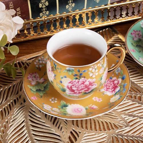 KAMMAK Tea Cup and Saucer, Ceramic Coffee Cups, 7.1 oz, Set of 2 - Image 3