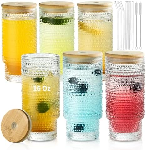 KEMORELA Set of 6 Hobnail Drinking Glasses with Cool Glassware Lid and Straw, 16oz XL Highball Bubble Cocktail, Old Fashioned Beverage Glasses, Romantic Water Glasses for Juice by KEMORELA