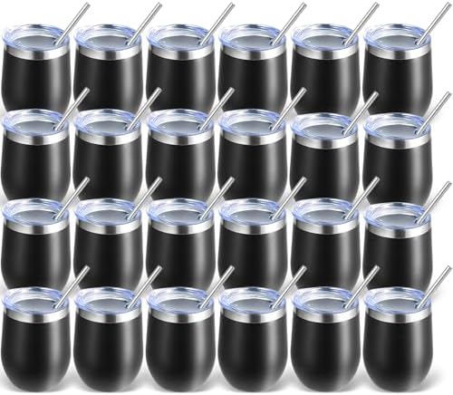 Volhoply 12oz Stainless Steel Wine Tumbler with Lid Bulk 24 Pack,Double Wall Vacuum Stemless Wine Glasses,Reusable Metal Travel Coffee Mug with Straw,Insulated Cups Gifts for Christmas（Black,24 Set） by LiveFully%EF%BC%8CDrinkFreely%E2%80%94KeepGoingwithVolhoply%EF%BC%81