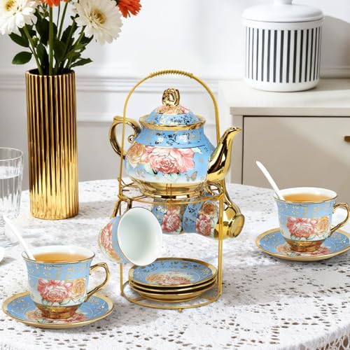 ALIMOTA 20 Pcs Porcelain Tea Set with Metal Holder and Spoon, European Ceramic Tea Set for Adults, European Flower Painting Teapot Cup Saucer Spoon Set for 6, Gift Pack (Blue) - Image 6