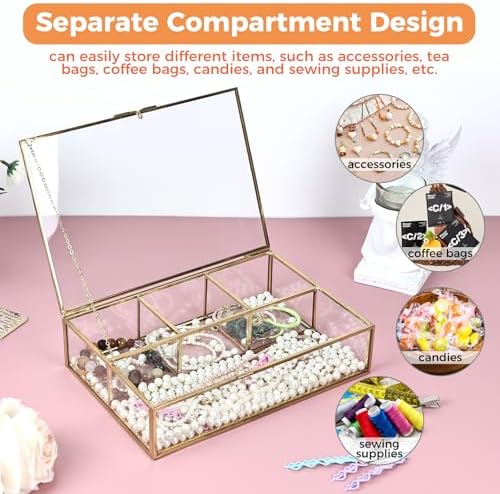 Gold Glass Tea Bag Organizer, Tea bag Storage Glass Box (4 Compartments) - Image 4