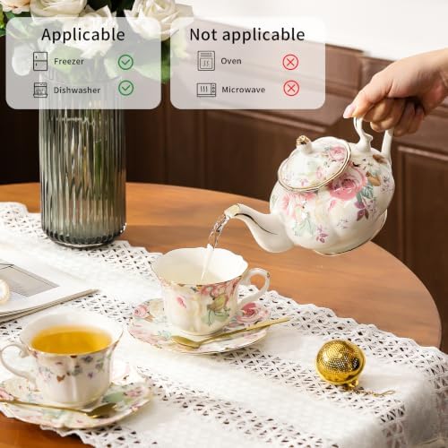TATSUMI Country Roses Porcelain Tea Set, European Ceramic tea set for one or two,Vintage Style, For Women and Tea Parties (Pink, 7 Pieces Set) - Image 4