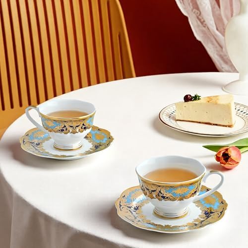 Luxury White & Gold Embossed Tea Cups and Saucers with Teapot, Sugar Bowl, & &Creamer, Vintage European Porcelain Coffee Set for Tea Party, Wedding, Gift (Turquoise&Gold, 4pcs/set) - Image 2