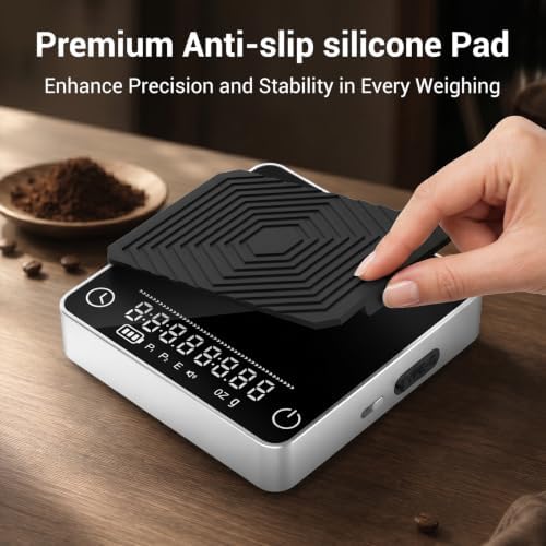 Mini Coffee Scale with Timer, 0.1g/2kg Rechargeable Espresso Scale, 4 Brewing Modes with Auto Tare and Real-Time Brew Ratio, Compact Digital Brewer for Pour-Over, Silver - Image 6