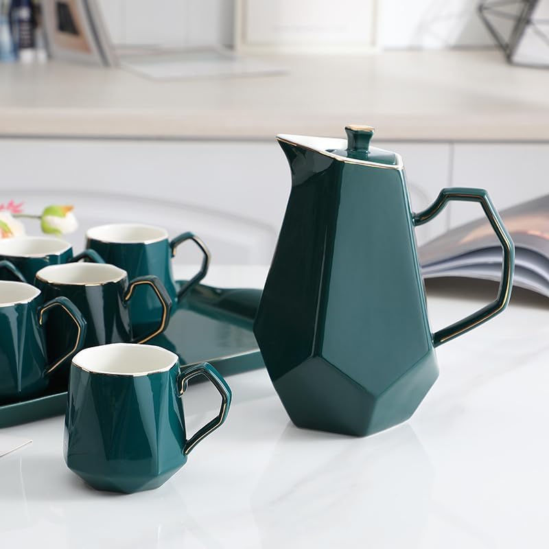 Water Pitcher Nordic Ceramic Cold Kettle Set Afternoon Tea Set teapot Teacup Home Living Room tie Pot with Tray Water Jug(Green) - Image 3