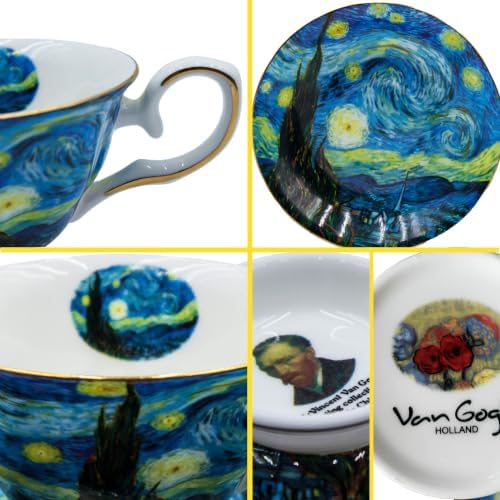 Floral Tea Cups Saucers Set of 2, Bone China 7 oz British Teacups Porcelain Coffee Cup for Rose Tea Cappuccino Espresso Latte (Starry Sky & Wheat Field) - Image 7