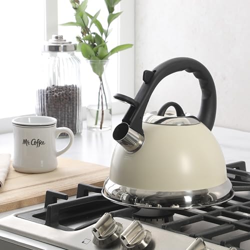 Mr. Coffee Clarefield 2.4 Qt Whistling Tea Kettle – Linen White Stovetop Water Kettle with Lid, Heat-Resistant Nylon Handle and Knob, Stainless Steel Trim - Image 2