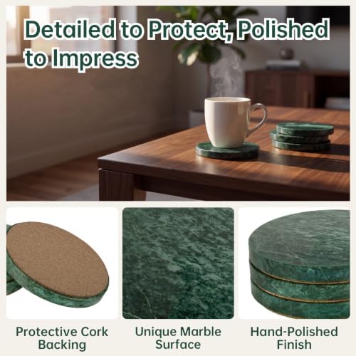 Green Marble Coasters Set of 8, 3.9"Natural Stone Drink Coasters, Cork Base - Image 3