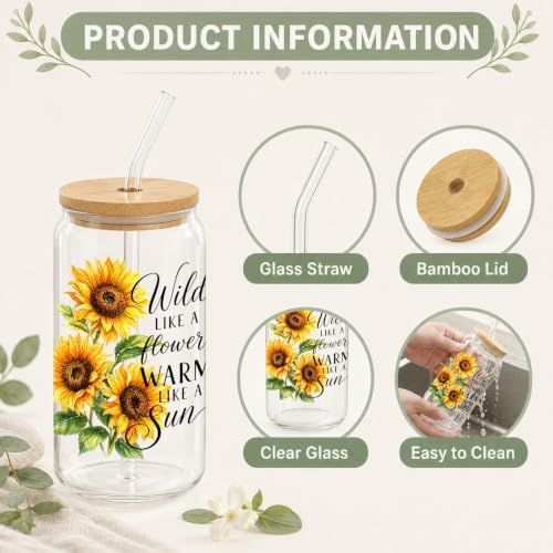 Glass Cups with Lids and Straws, 6 Pack, 16oz, Sunflower - Image 3