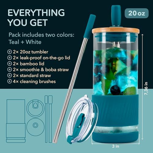 Pandaloo® Glass Cups With Lids and Straws -20 Fl Oz- Perfect Size Iced Coffee Cup - Smoothie Cup With Bamboo Lid and On the go Lid - Glass Tumbler (2 Count (Pack of 1), Coton White-Intense Teal) - Image 2