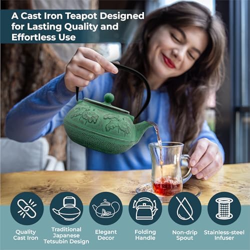 Zen Minded Traditional Japanese Cast Iron Tetsubin Stovetop Teakettle Teapot with Stainless-steel Mesh Loose-leaf Filter for Green Tea & Infusions 900ml Lotus Pattern - Emerald Green - Image 5