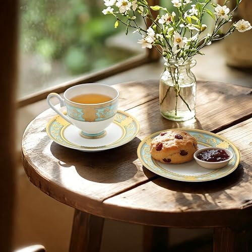 Luxury White & Gold Embossed Tea Cups and Saucers with Teapot, Sugar Bowl, & &Creamer, Vintage European Porcelain Coffee Set for Tea Party, Wedding, Gift (Teal, 4pcs/set) - Image 3