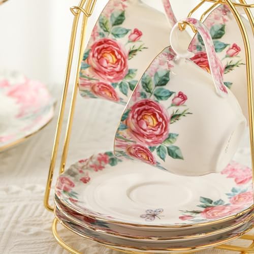 15 Piece British Bone China Tea Cup Sets, Elegant red Rose Pattern, Cups and Saucers Service for 4, with Teapot Sugar Bowl Cream Pitcher Teaspoons for Tea/Coffee, Gifts Set for Adults. - Image 6