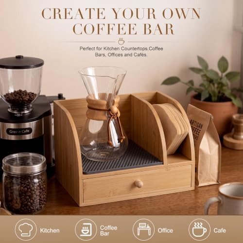 Geelin Bamboo Coffee Pour over Caddy, Wood Coffee Bar Station Organizer Stand with Drawer, Filter Holder and Heatproof Mat for Kitchen Counter Bar Home - Image 3