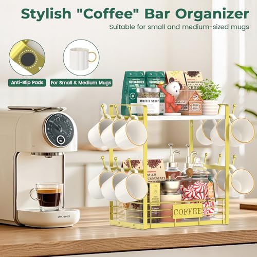 EsLuker.ly Coffee Mug Cup Holder Tree Bar Station Organizer, 2 Tier Gold - Image 5