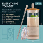 Pandaloo® Glass Cups With Lids and Straws -20 Fl Oz- Perfect Size Iced Coffee Cup - Smoothie Cup With Bamboo Lid and On the go Lid - Glass Tumbler (2 Count (Pack of 1), Lilac-Creamy Mushroom) - Image 2