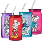 JoyJolt Disney Mickey Mouse and Friends Color Sketch Glass Tumblers with Lids and Straws, 16oz Glass Cups with Lids and Straws, Can Shaped Drinking Glasses Set of 4, Disney Gifts for Adults by JoyJolt