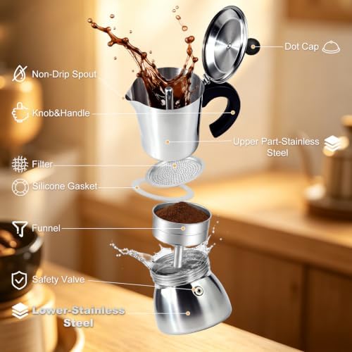 304 Stainless Steel Moka Pot 6 Cup Uncoated Express Coffee Maker - Image 3