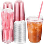 Ziliny 50 Sets Plastic Cups with Pink Heart Straws and Lids, Pink, 16 oz by Ziliny