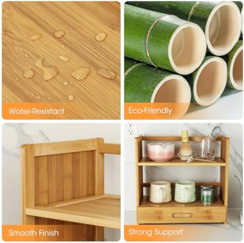 AIEVE Matcha Station Organizer, 2-Tier Bamboo Shelf with Hidden Drawer, Coffee Station Organizer Mug Holder Shelf for Matcha Whisk Set Bowl Cup Scoop Sifter - Image 5